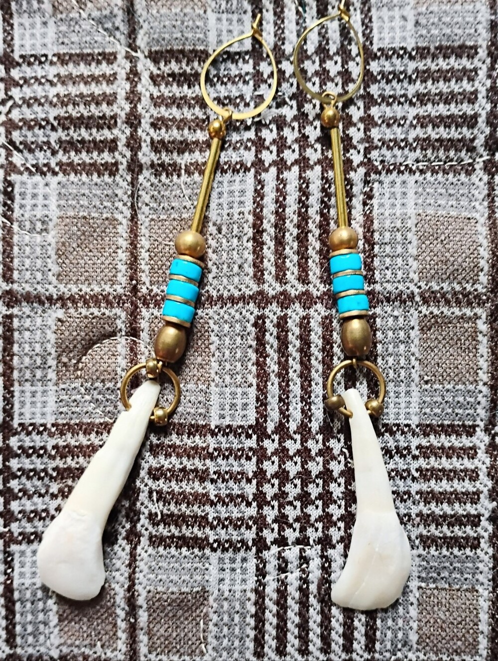 Turquoise and Buffalo Tooth Pendulum Earrings - Handmade